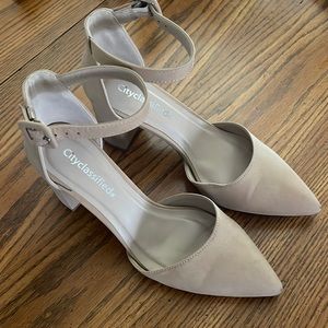 Nude closed toed strap heels, size 7.